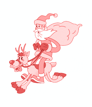 Red Santa riding a reindeer.